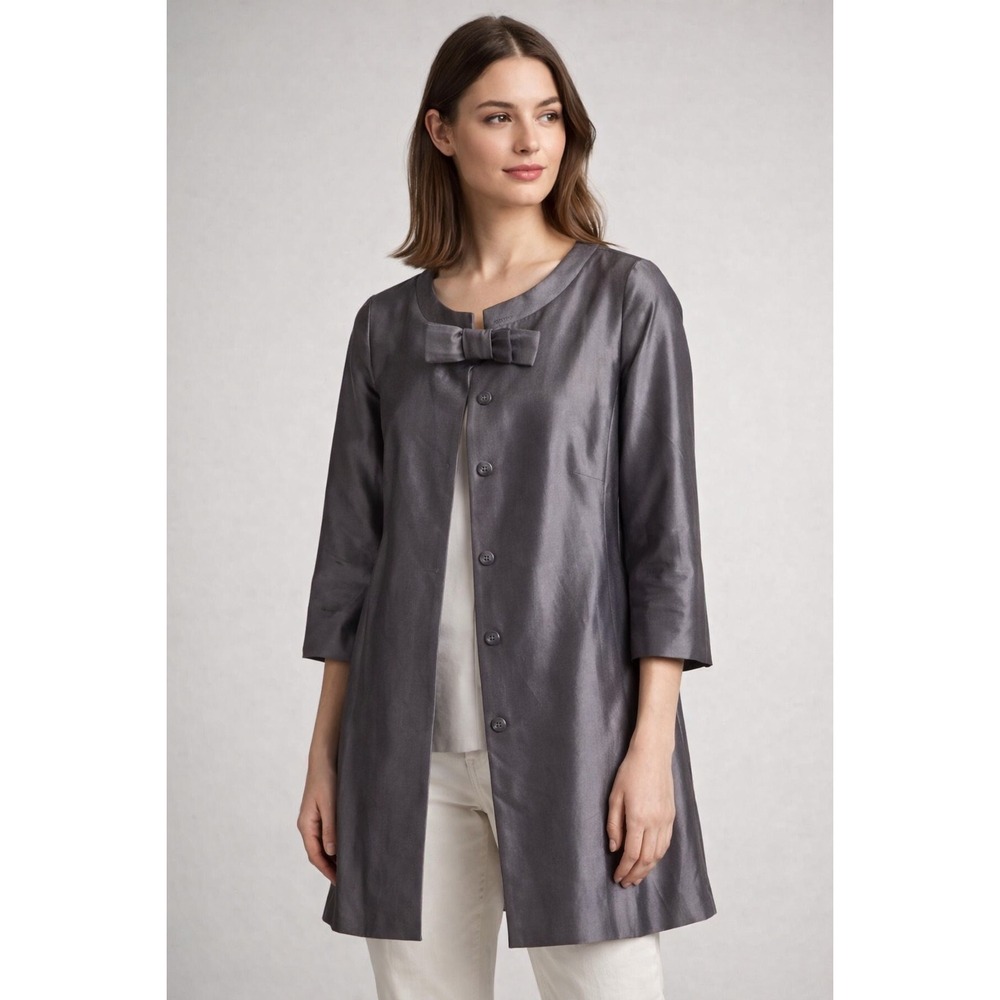 Banana‎ Republic Gray Long Jacket | Size Small | Silk Blend | Bow Closure